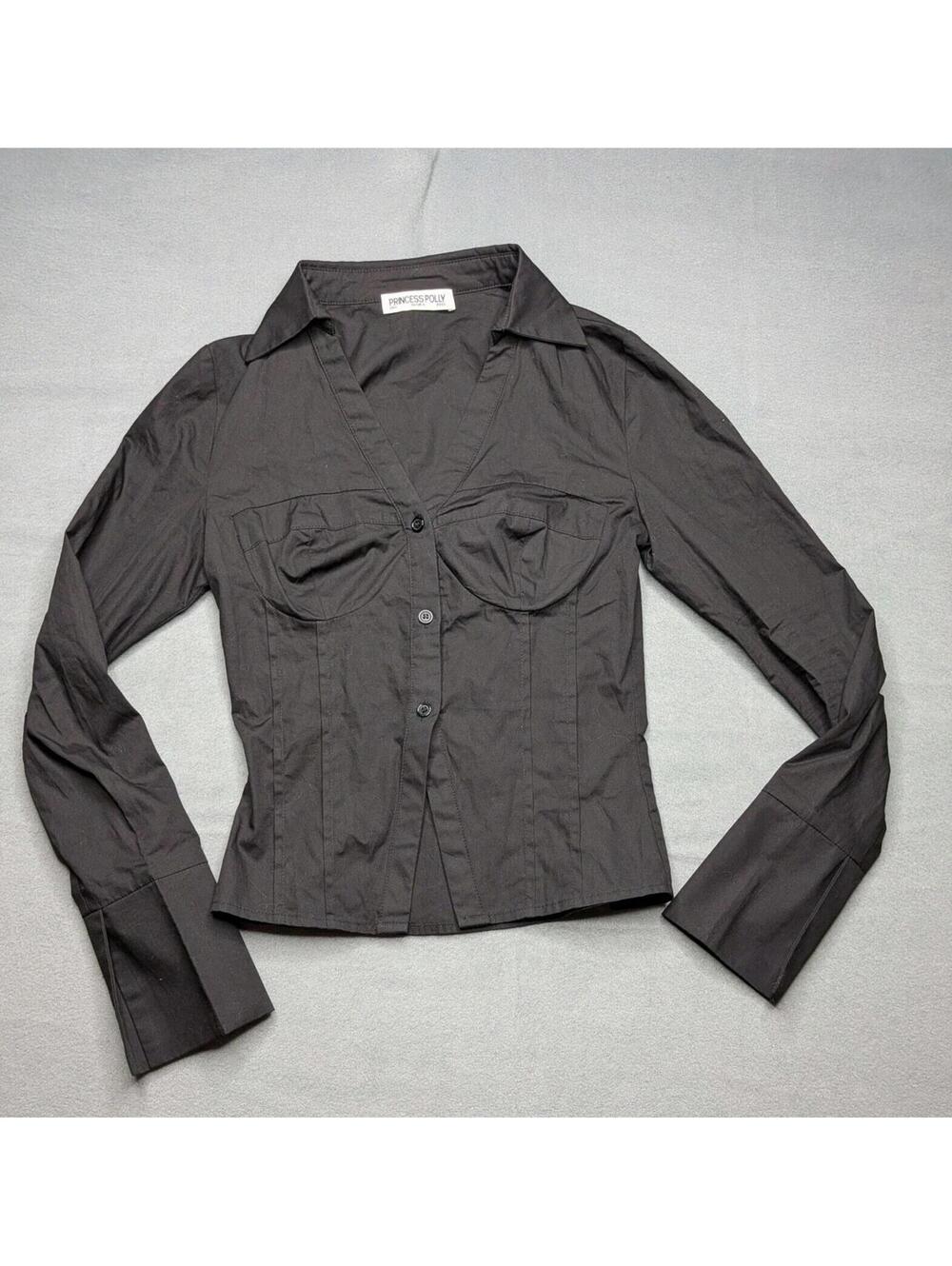 Princess Polly Shirt Womens 0 Black Corset Bustier Button Front Long Sleeve Y2K